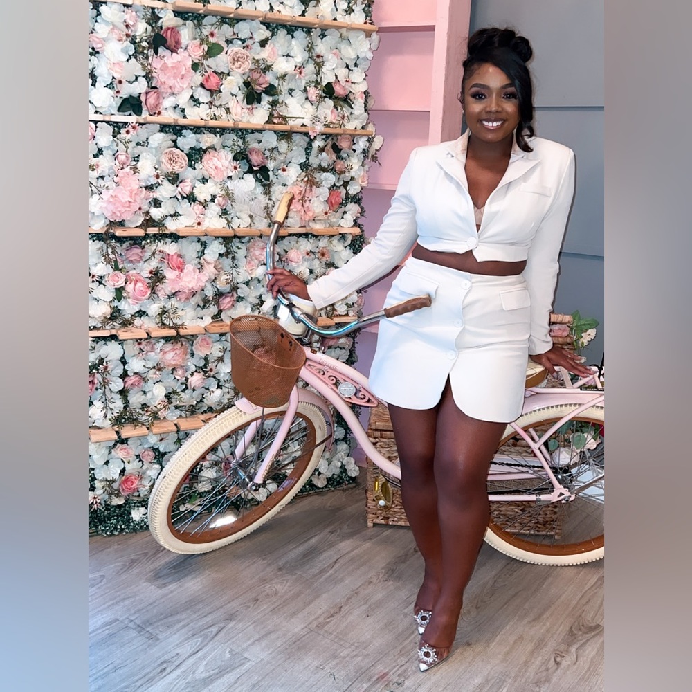 CREAM BUTTON FRONT TAILORED MINI SKIRT & JACKET